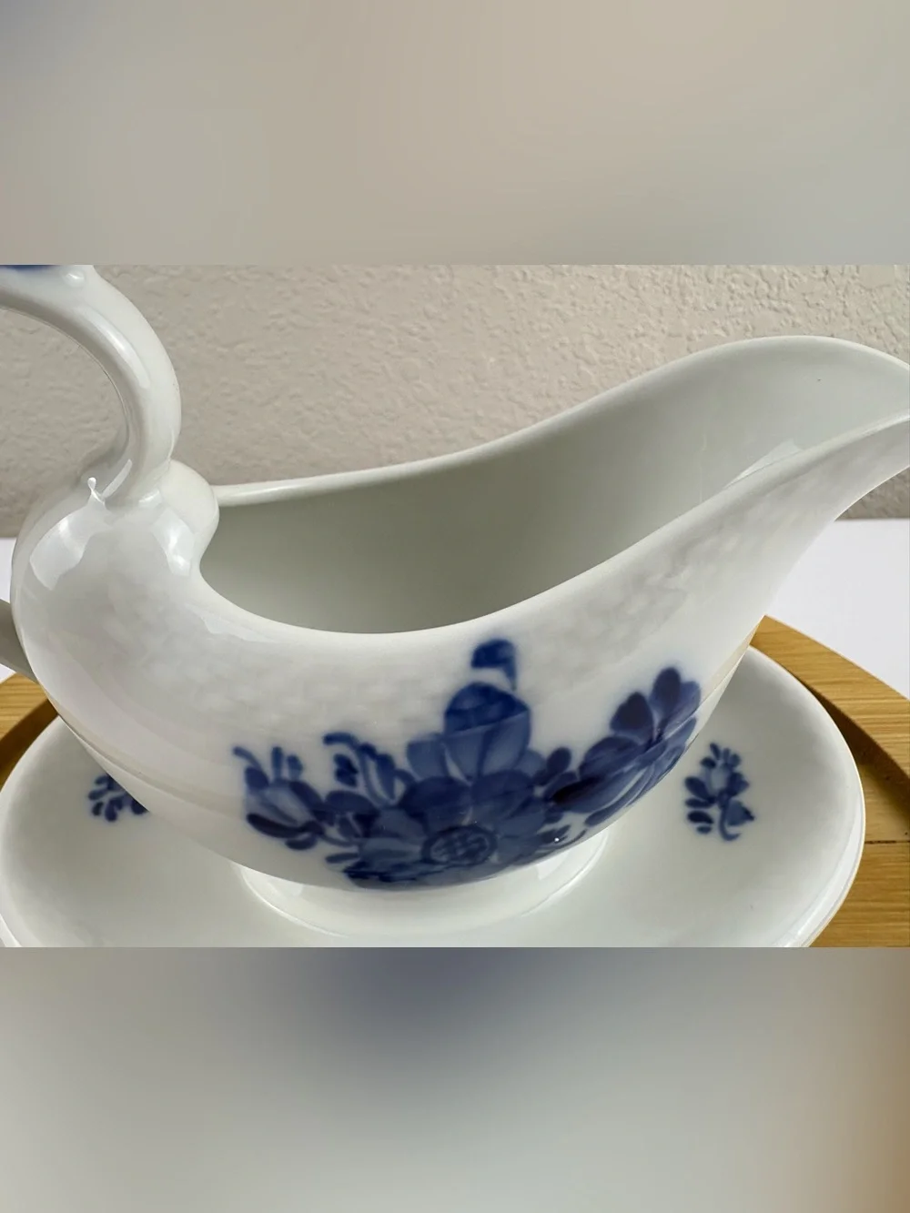 Vintage Royal Copenhagen Blue Flower Braided Sauce Boat on a Fixed Stander.